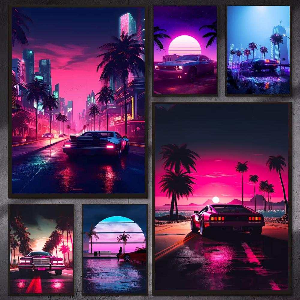 Cyberpunk 80s Retro car city P - Retro Gaming Wallpaper review and price